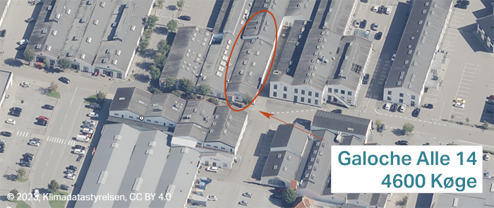 Skråfoto med markering, der viser, hvor Galoche Alle 14 i Køge er