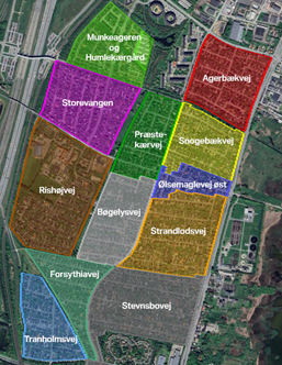 Billedet viser en oversigt over Køge nord. Områderne er delt op med farver, hvor hver farve afgrænser et område, der skal udbygges med fjernvarme